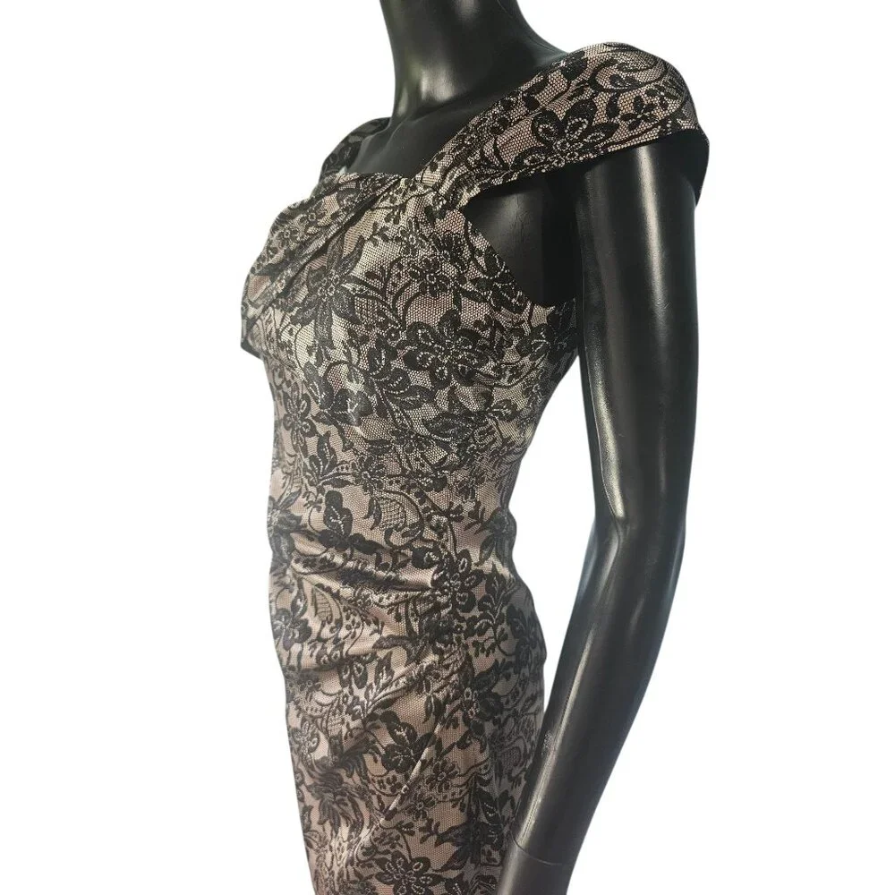 Silky Satin Lace Print Sheath Dress - Maggie London - Picture 3 of 8
